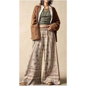 Boho Paisley Print Mid Waist Strethcy Waist Wide Leg Cotton Pants S M L